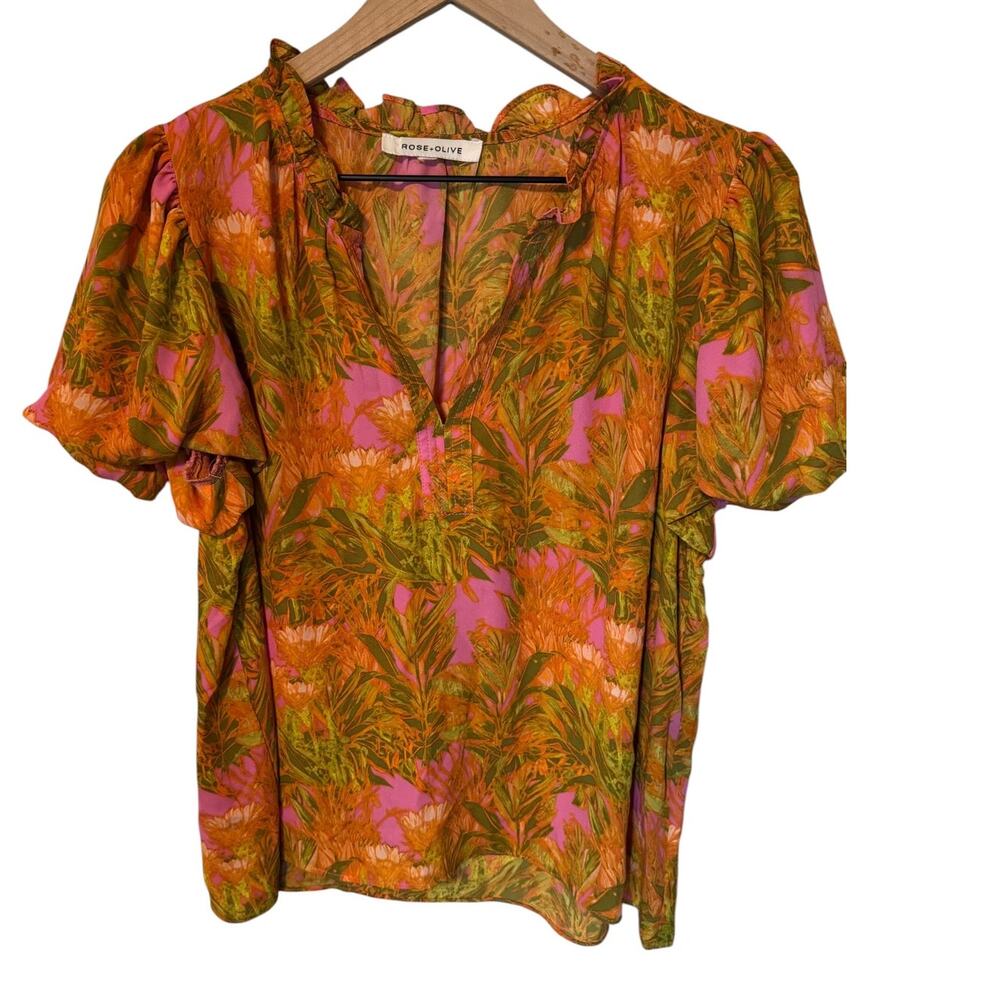 Rose + Olive Tropical Floral Puff Sleeve Blouse - Missing Size Tag